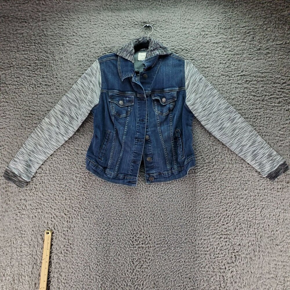 Torrid Jacket Womens 0X Blue Denim Jacket With Knit Sleeves